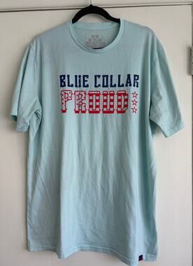 All American Roughneck Shirt XL Blue Collar Proud USA Flag Graphic Mint Green